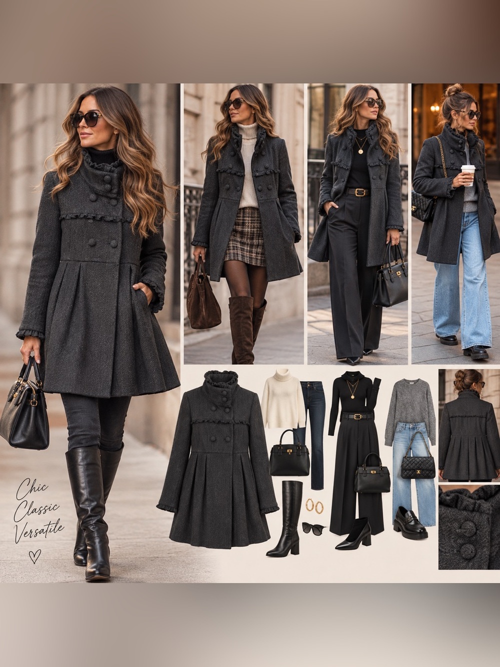 Steve Madden Wool Ruffle Funnel Neck Swing Peacoat Black XL Victorian Retro
